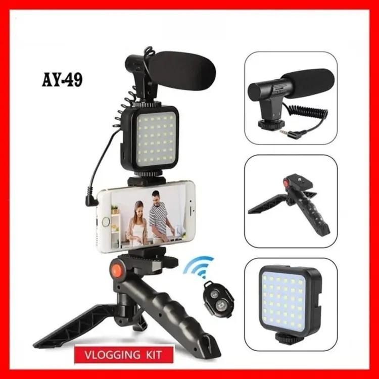 AY-49 Vlogger Kit | Microphone, LED Fill Light, Mini Tripod & Mobile Holder with Remote – Complete Video Making Set for Vlogging View Gallery - Pakistan