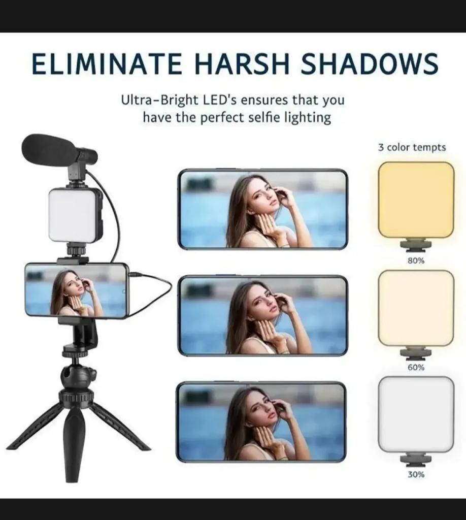 AY-49 Vlogger Kit | Microphone, LED Fill Light, Mini Tripod & Mobile Holder with Remote – Complete Video Making Set for Vlogging View Gallery - Pakistan