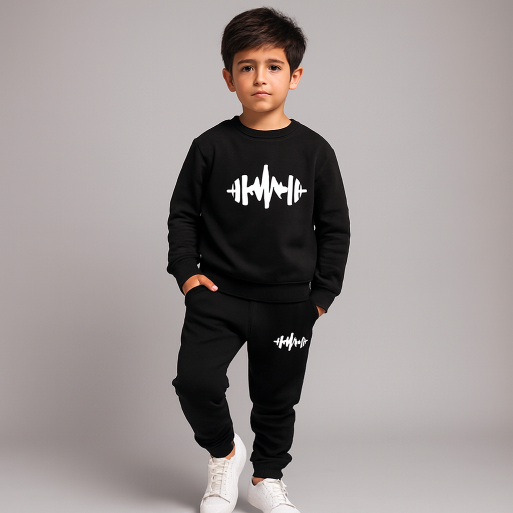 Black Cross Printed Fleece Winter Kids Tracksuit | Sweatshirt &amp; Trousers Set for Boys &amp; Girls – Warm &amp; Cozy Outfit FOR BABY AND KIDS