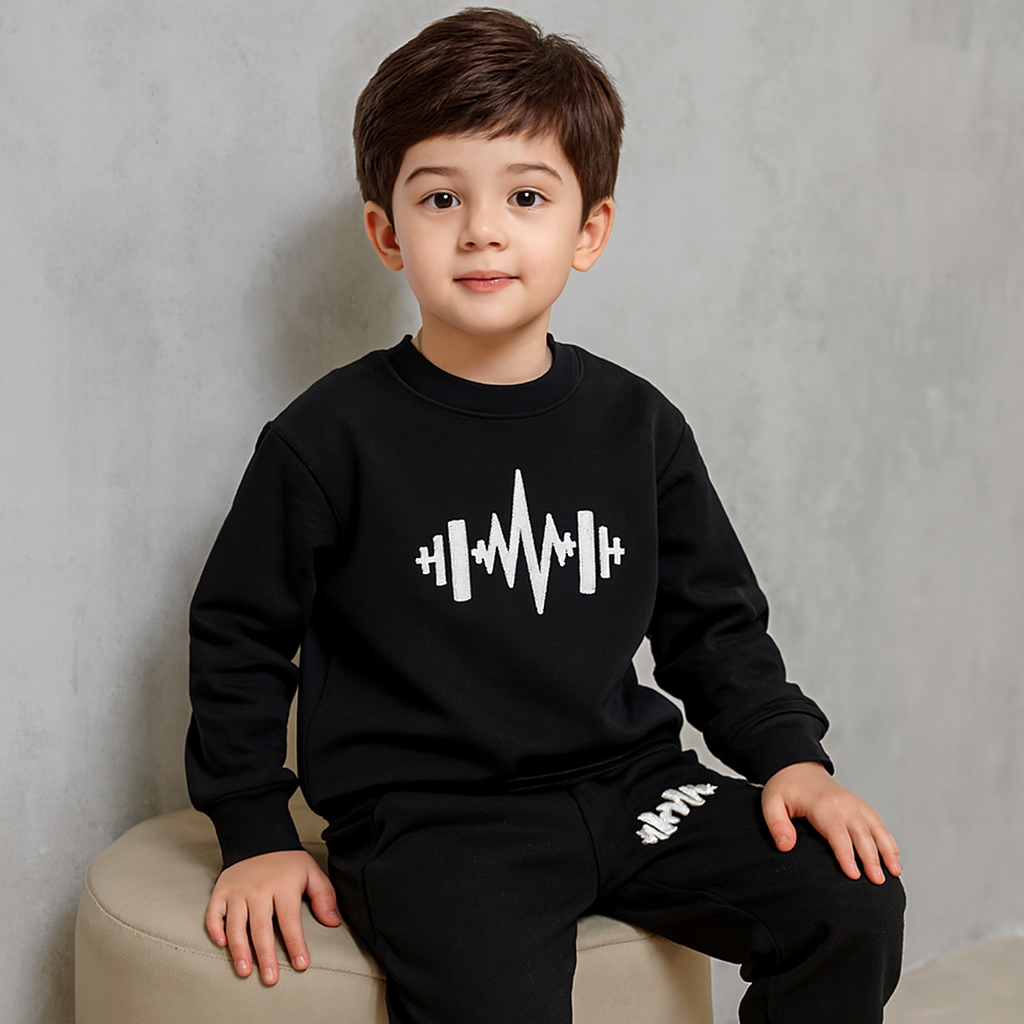 Black Cross Printed Fleece Winter Kids Tracksuit | Sweatshirt & Trousers Set for Boys & Girls – Warm & Cozy Outfit FOR BABY AND KIDS View Gallery - Pakistan