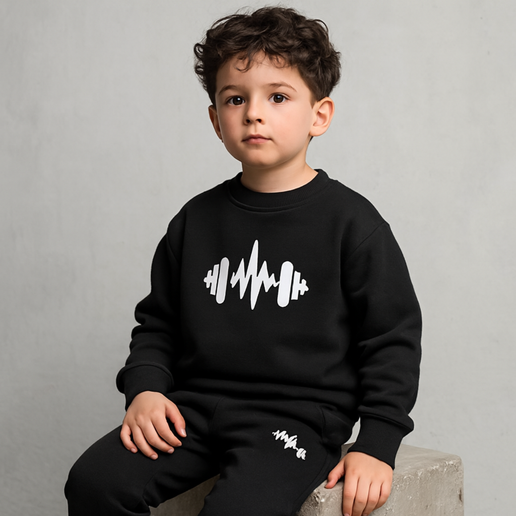 Black Cross Printed Fleece Winter Kids Tracksuit | Sweatshirt & Trousers Set for Boys & Girls – Warm & Cozy Outfit FOR BABY AND KIDS View Gallery - Pakistan
