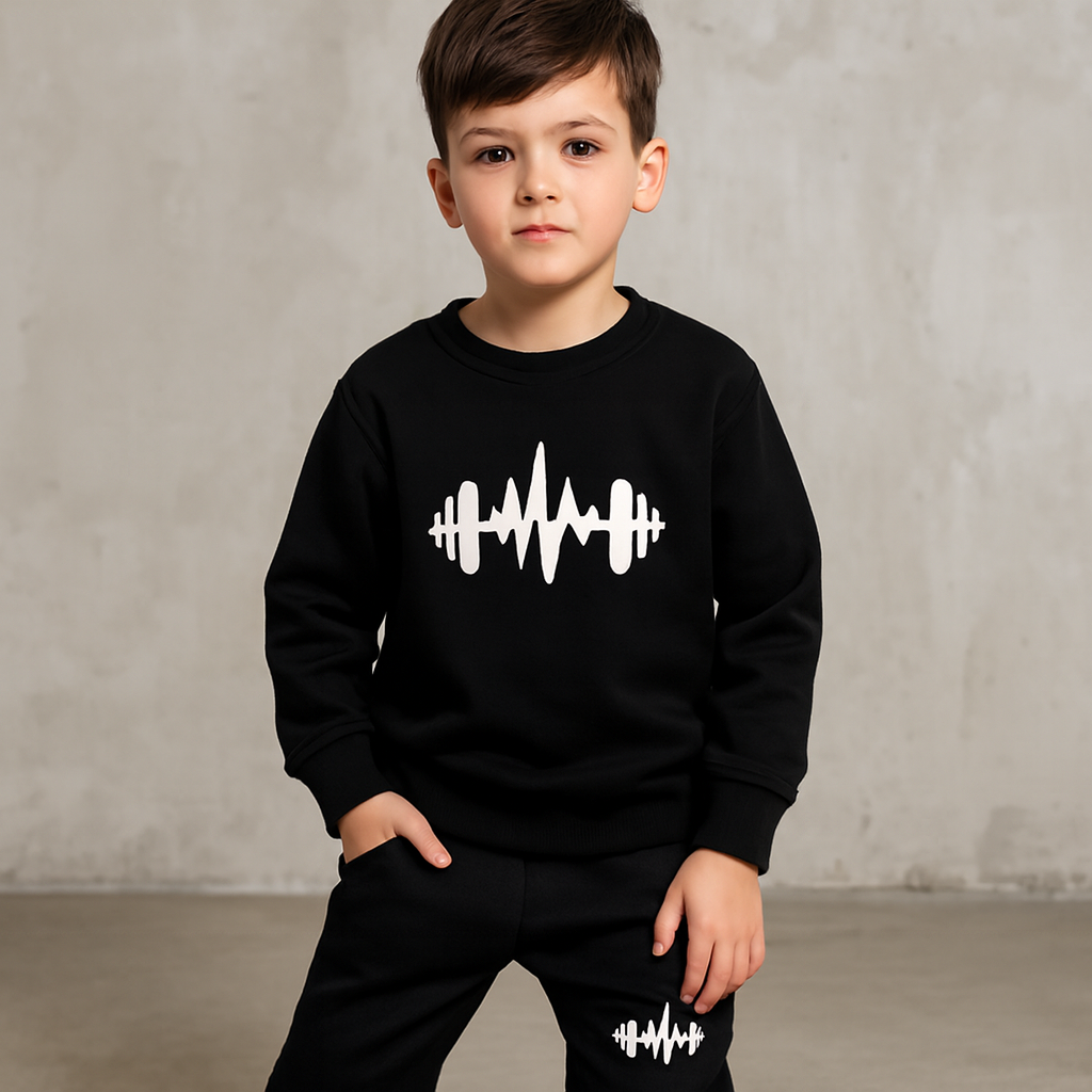 Black Cross Printed Fleece Winter Kids Tracksuit | Sweatshirt & Trousers Set for Boys & Girls – Warm & Cozy Outfit FOR BABY AND KIDS View Gallery - Pakistan