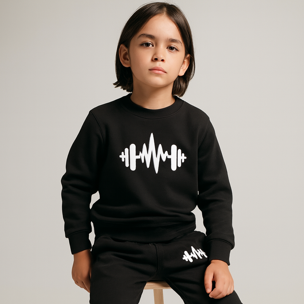 Black Cross Printed Fleece Winter Kids Tracksuit | Sweatshirt & Trousers Set for Boys & Girls – Warm & Cozy Outfit FOR BABY AND KIDS View Gallery - Pakistan