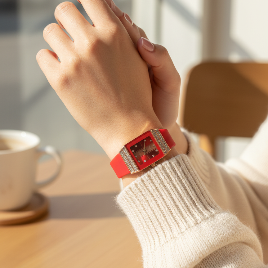 Luxury Women’s Diamond Quartz Watch – Elegant Square Dial Wristwatch With Crystal Accents And Stylish Silicone Strap