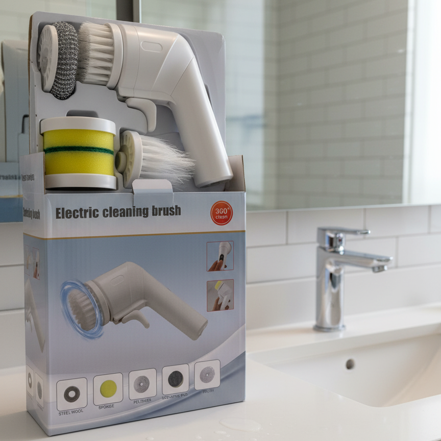 Electric Cleaning Brush With Multiple Attachments For Efficient Home Cleaning – 360° Rotating Scrubber With Sponge, Brush, And Steel Wool Heads View Gallery - Pakistan