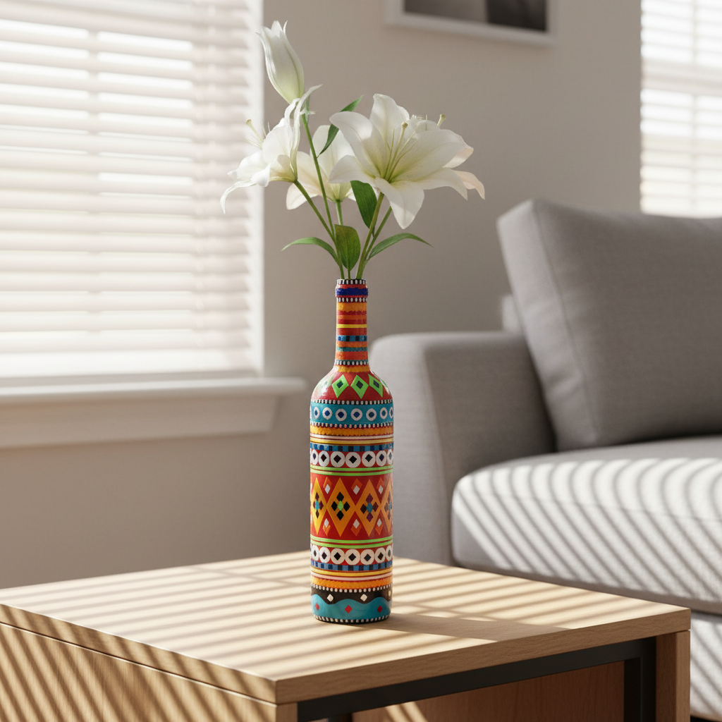 Traditional Truck Art Decorative Glass Bottle Vase – Handcrafted Multicolor Home Decor (750ml) View Gallery - Pakistan