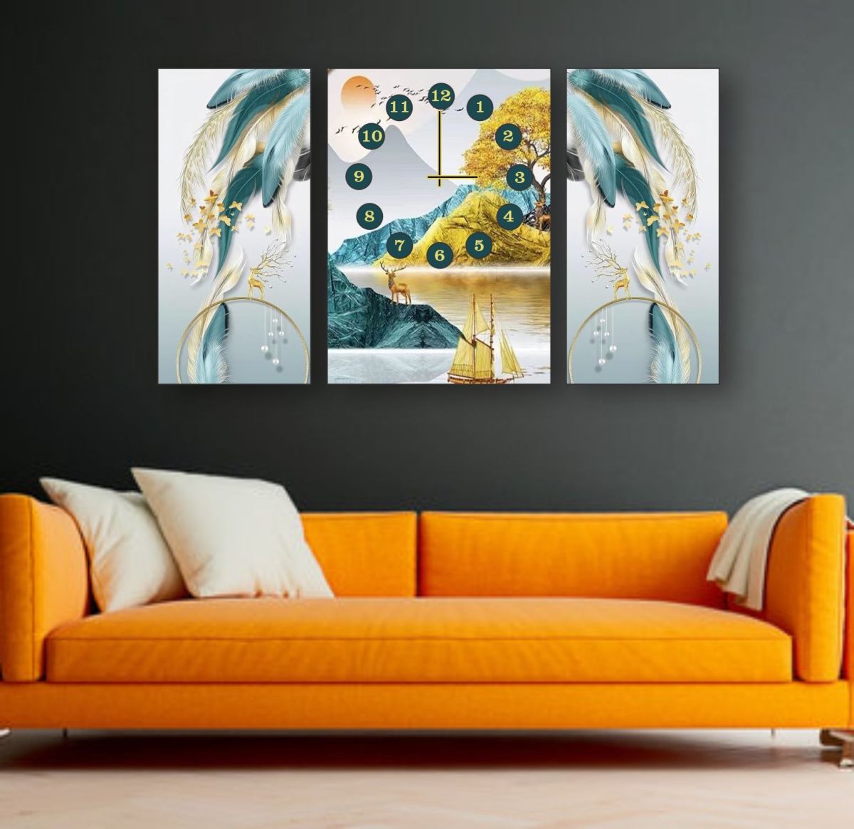 Golden Horizon 3-Piece Wooden Wall Clock Set – Scenic Centerpiece with Abstract Feather Panels Without Cell/Battery. View Gallery - Pakistan