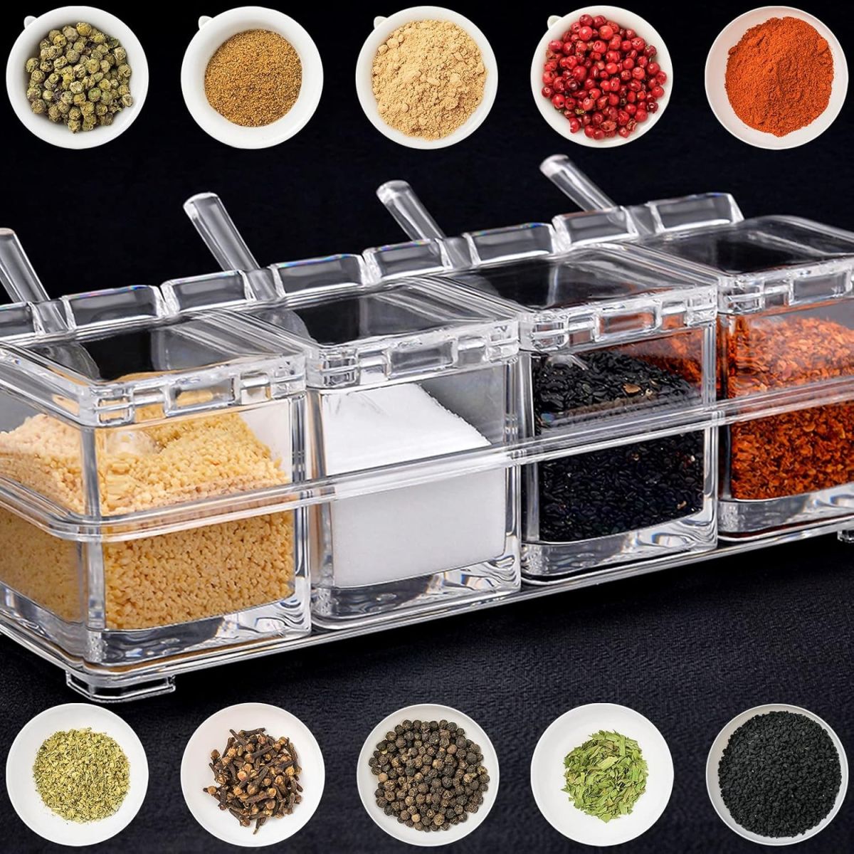 Crystal Seasoning Box With 4 Compartments And Spoons – Transparent Spice Storage Container Set For Kitchen Organization View Gallery - Pakistan