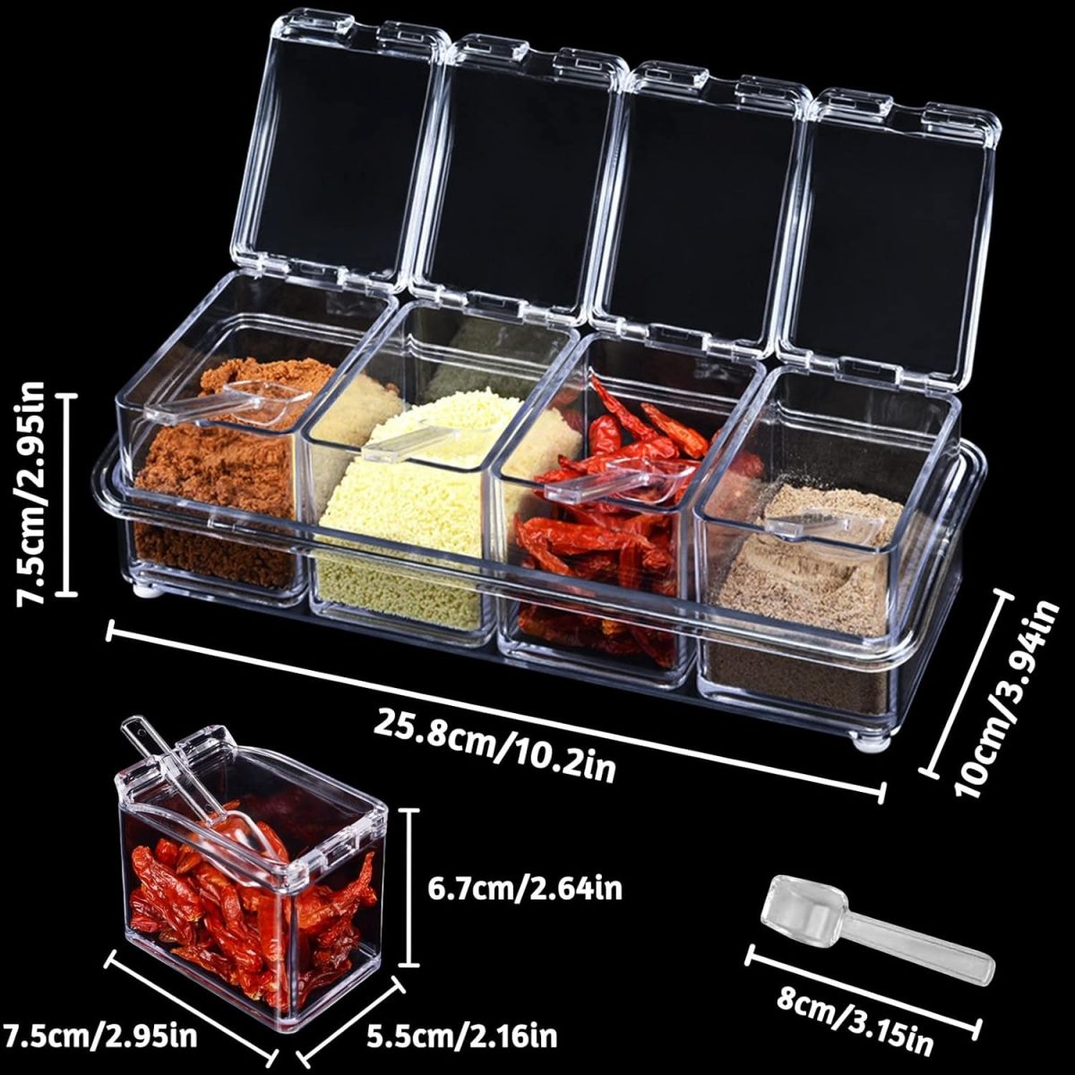 Crystal Seasoning Box With 4 Compartments And Spoons – Transparent Spice Storage Container Set For Kitchen Organization View Gallery - Pakistan
