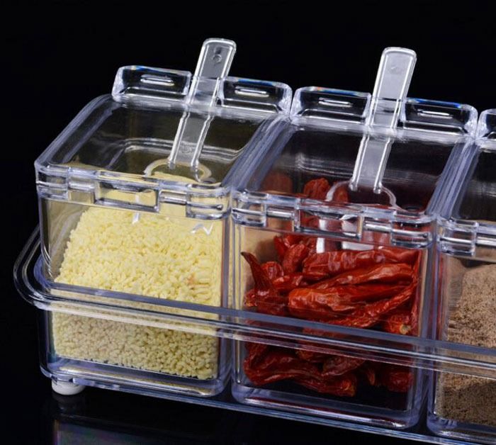 Crystal Seasoning Box With 4 Compartments And Spoons – Transparent Spice Storage Container Set For Kitchen Organization View Gallery - Pakistan