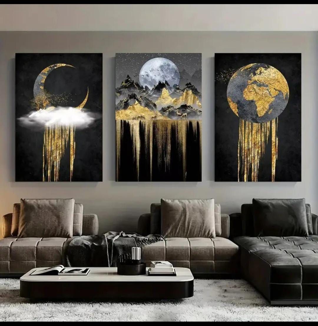 Set of 3 Wooden StickyTile Frames 8x11 – Black & Gold Wall Art with Moon, Mountains & Globe + Double Tape Included View Gallery - Pakistan