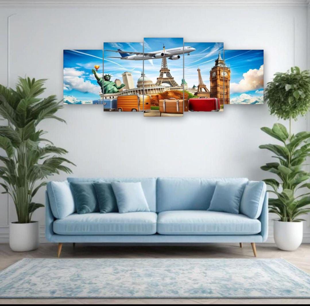 World Travel Landmarks Wall Art – 5-Piece Canvas Set (16x40 inches) | Wooden Sticky Tile Frames with Double Tape View Gallery - Pakistan