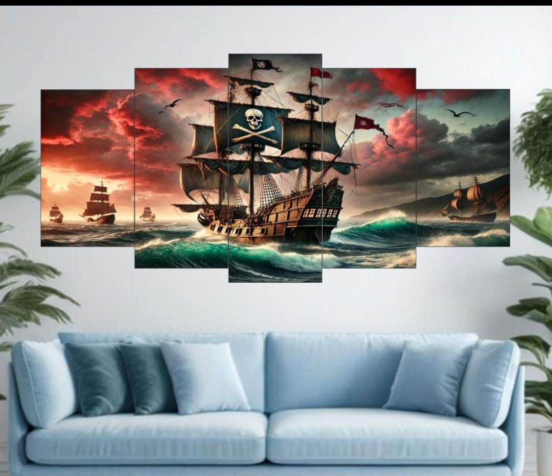 Pirate Ship Ocean Voyage Wall Art – 5-Piece Canvas Set (16x40 inches) | Wooden Sticky Tile Frames with Double Tape