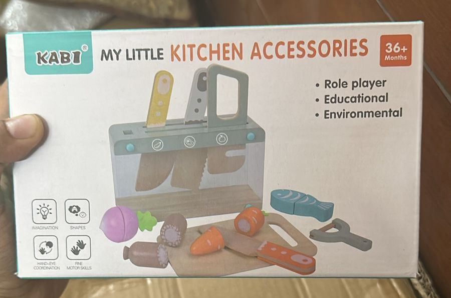 Wooden Kids Play Kitchen Set with Toy Utensils & Velcro Food – Montessori Pretend Cooking Playset View Gallery - Pakistan