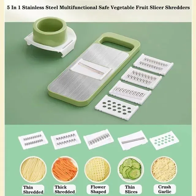 5-in-1 Multi-Functional Vegetable Slicer & Grater – Adjustable Mandoline Cutter with Interchangeable Blades for Kitchen, Fruits & Vegetables View Gallery - Pakistan