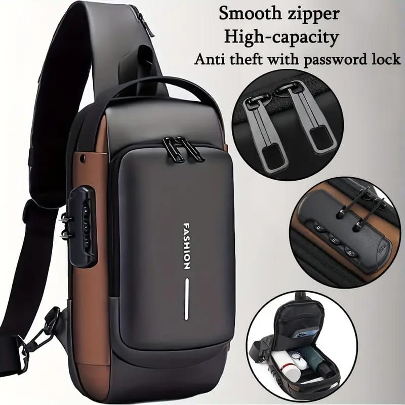 Fashion Men Sling Bag Pack with Lock Waterproof Anti-Theft Chest Bag with USB Charging Port Shoulder Bag Body Backpack with TSA Lock (Random Color) View Gallery - Pakistan