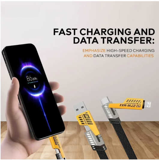 4 In 1 Data Cable – USB-C &amp; Lightning Connectors, Braided Durable Design, Fast Charging (Without Box)