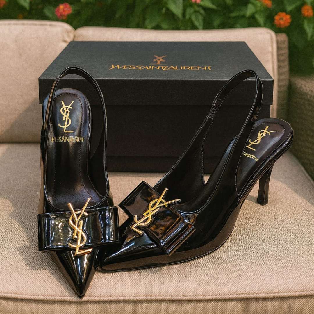 Elegant Black Kitten Heel Shoes For Women – 2.5 Inch Heels With Gold Buckle And Elastic Band Closure For Stylish Comfort And Perfect Fit View Gallery - Pakistan