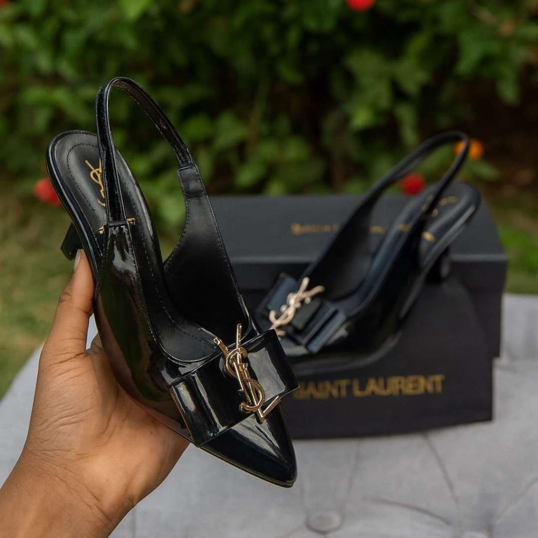 Elegant Black Kitten Heel Shoes For Women – 2.5 Inch Heels With Gold Buckle And Elastic Band Closure For Stylish Comfort And Perfect Fit View Gallery - Pakistan