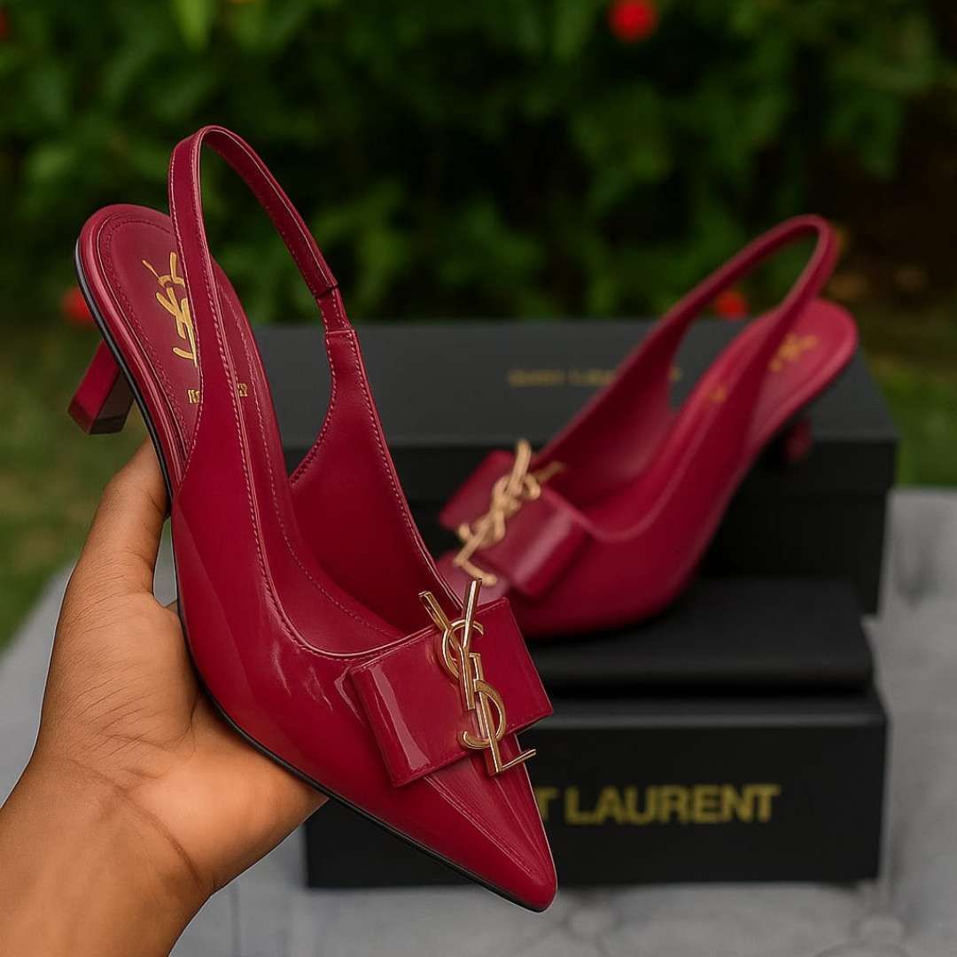 Burgundy Kitten Heel Shoes For Women – Stylish Slingback Design With Gold Accent Bow, Comfortable Fit, And Classy Glossy Finish View Gallery - Pakistan