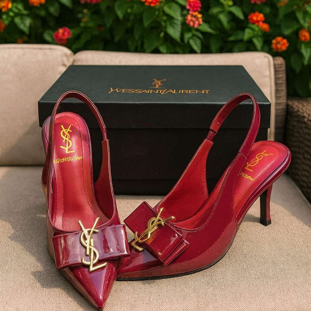 Burgundy Kitten Heel Shoes For Women – Stylish Slingback Design With Gold Accent Bow, Comfortable Fit, And Classy Glossy Finish View Gallery - Pakistan