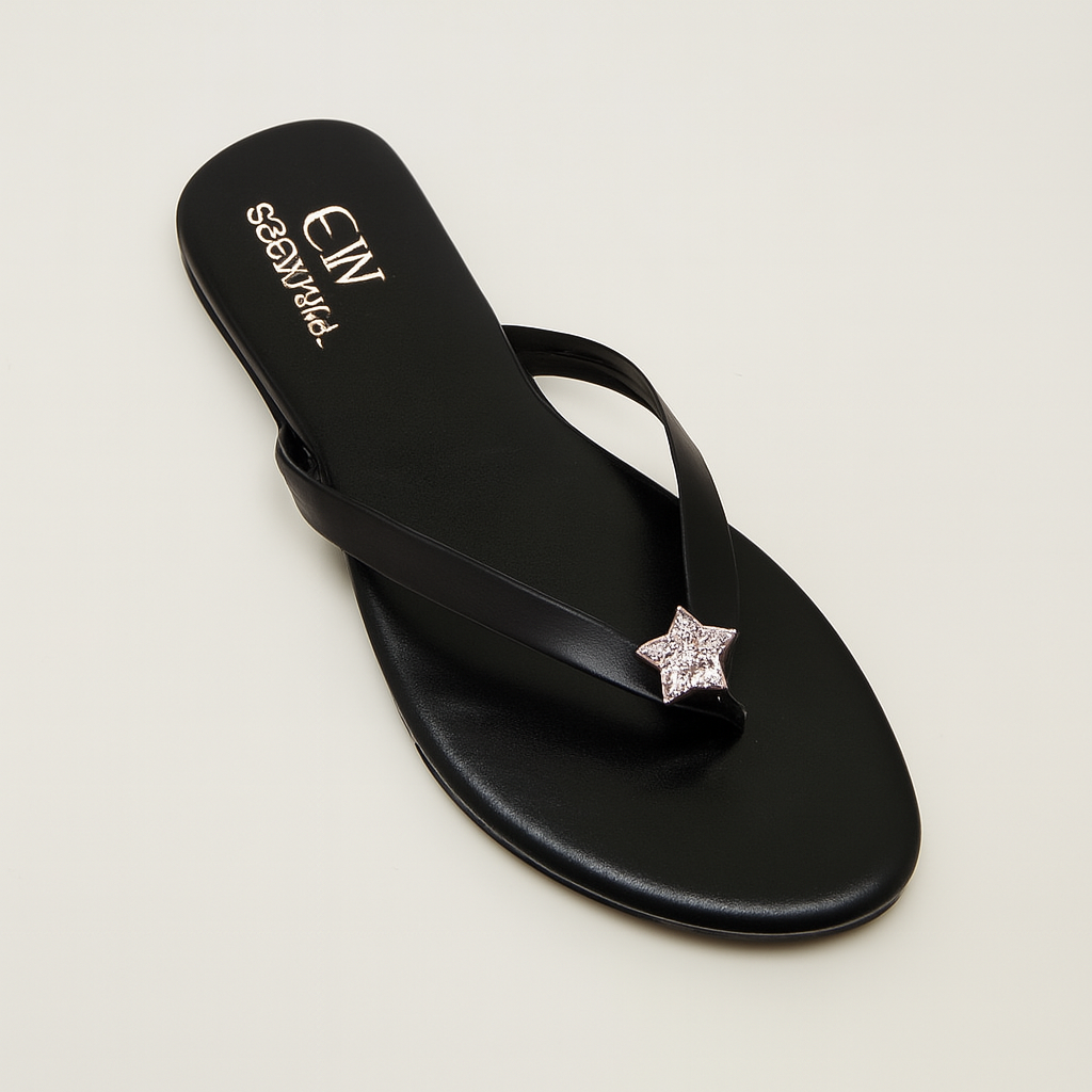 Elegant Black Color Women’s Slippers, Stylish And Comfortable Flat Sandals With Star Design For Casual Wear, Beach, And Daily Outfits View Gallery - Pakistan