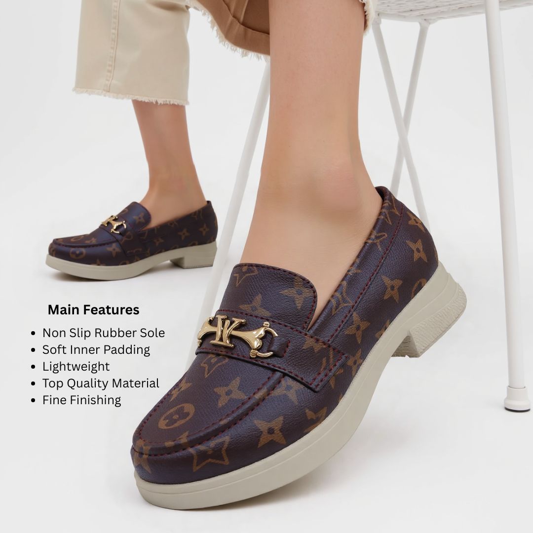 Women’s Brown Loafers with Gold Metallic Buckle – Soft Cushion Padding, Non-Slip Rubber Sole, 3cm Heel