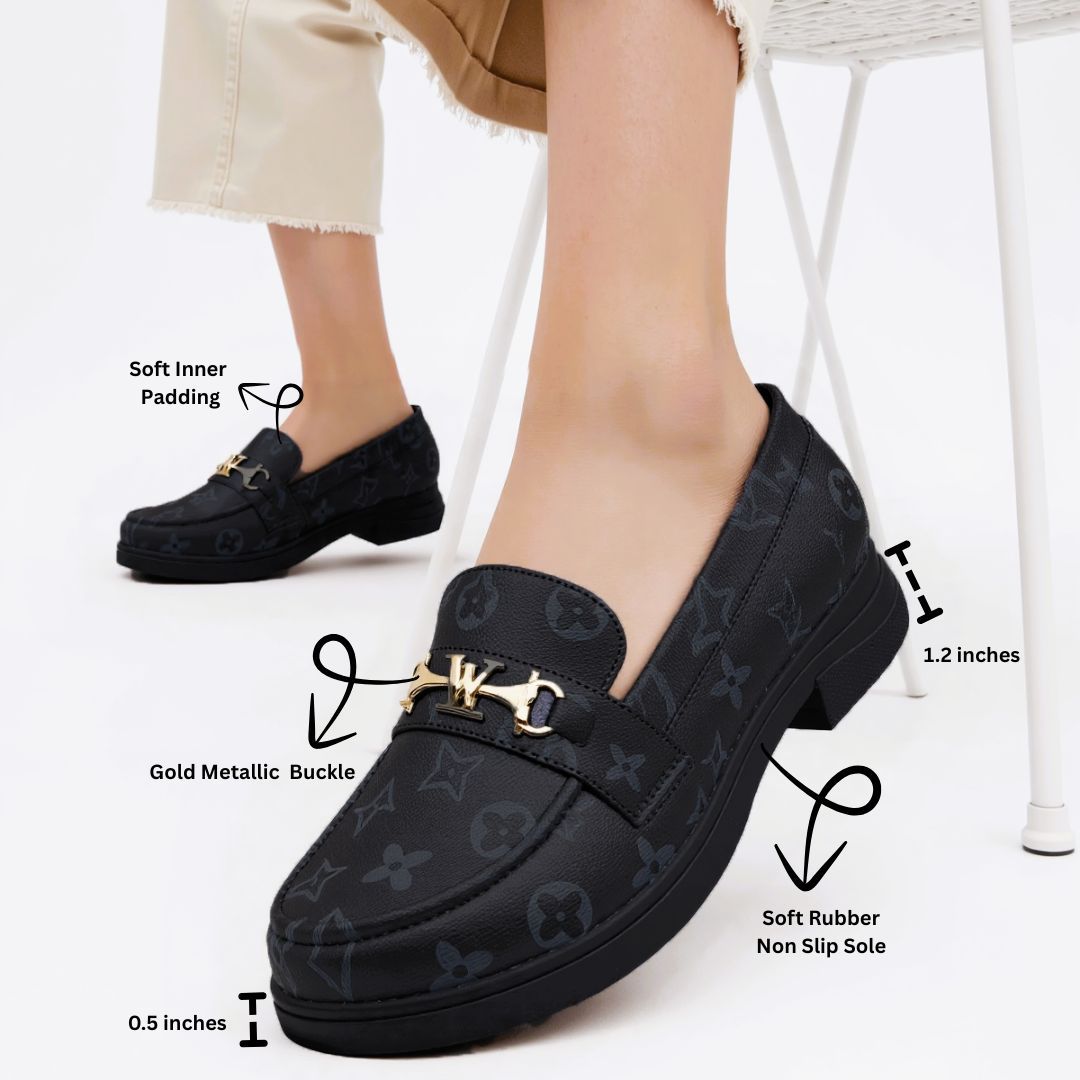 Women’s Classic Loafers with Gold Metallic Buckle – Soft Inner Padding, Non-Slip Rubber Sole -Black