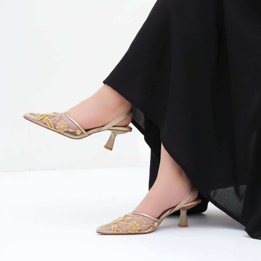 Elegant Fawn Hand-Embroidered Kitten Heels for Women – Elastic Band Strap & 2.2-Inch Heel View Gallery - Pakistan