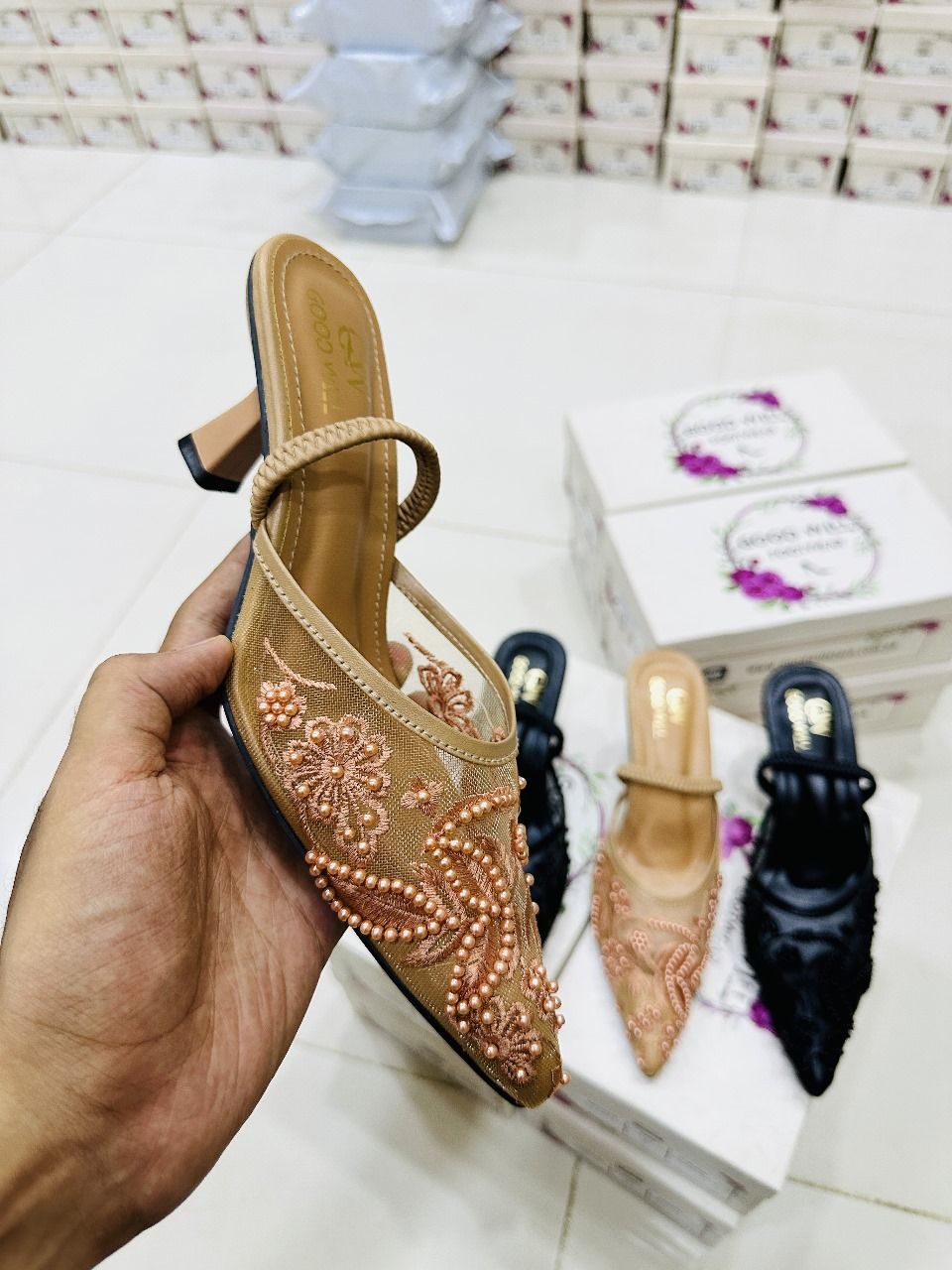 Elegant Fawn Hand-Embroidered Kitten Heels for Women – Elastic Band Strap & 2.2-Inch Heel View Gallery - Pakistan