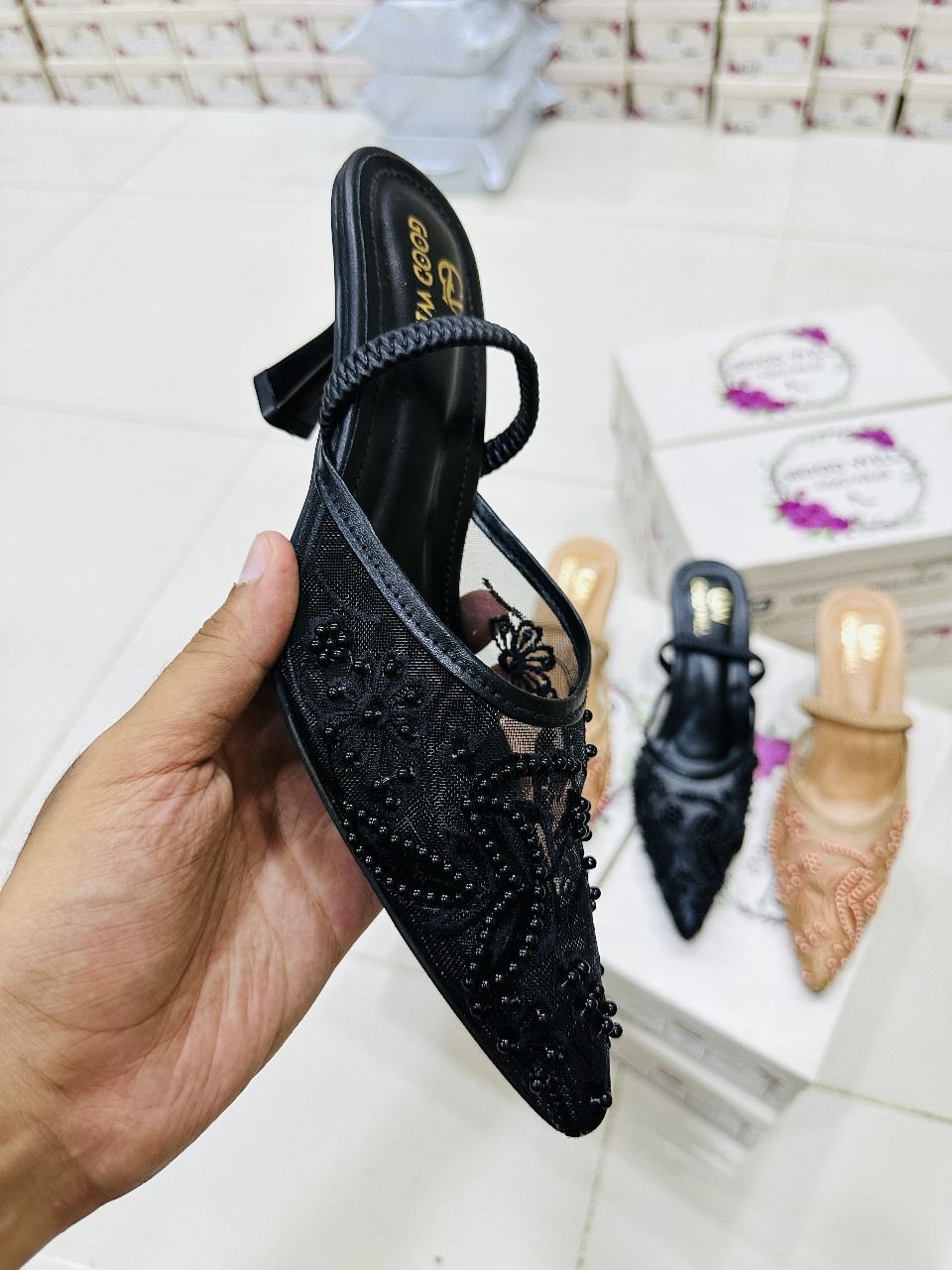 Elegant Black Hand-Embroidered Kitten Heels for Women – Elastic Band Strap & 2.2-Inch Heel View Gallery - Pakistan