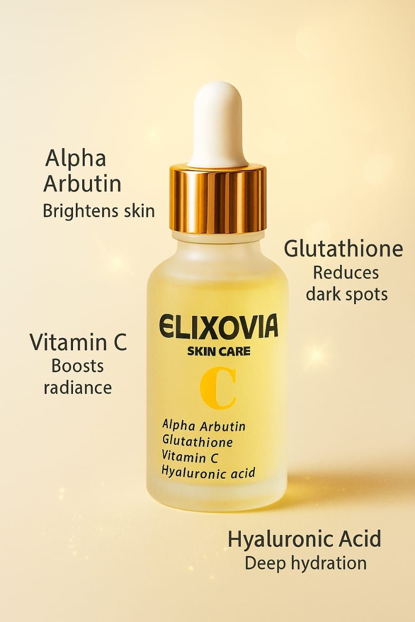 Elixovia Vitamin C Plus Face Serum – Brightening & Hydrating Formula with Alpha Arbutin, Glutathione & Hyaluronic Acid (30ml) View Gallery - Pakistan