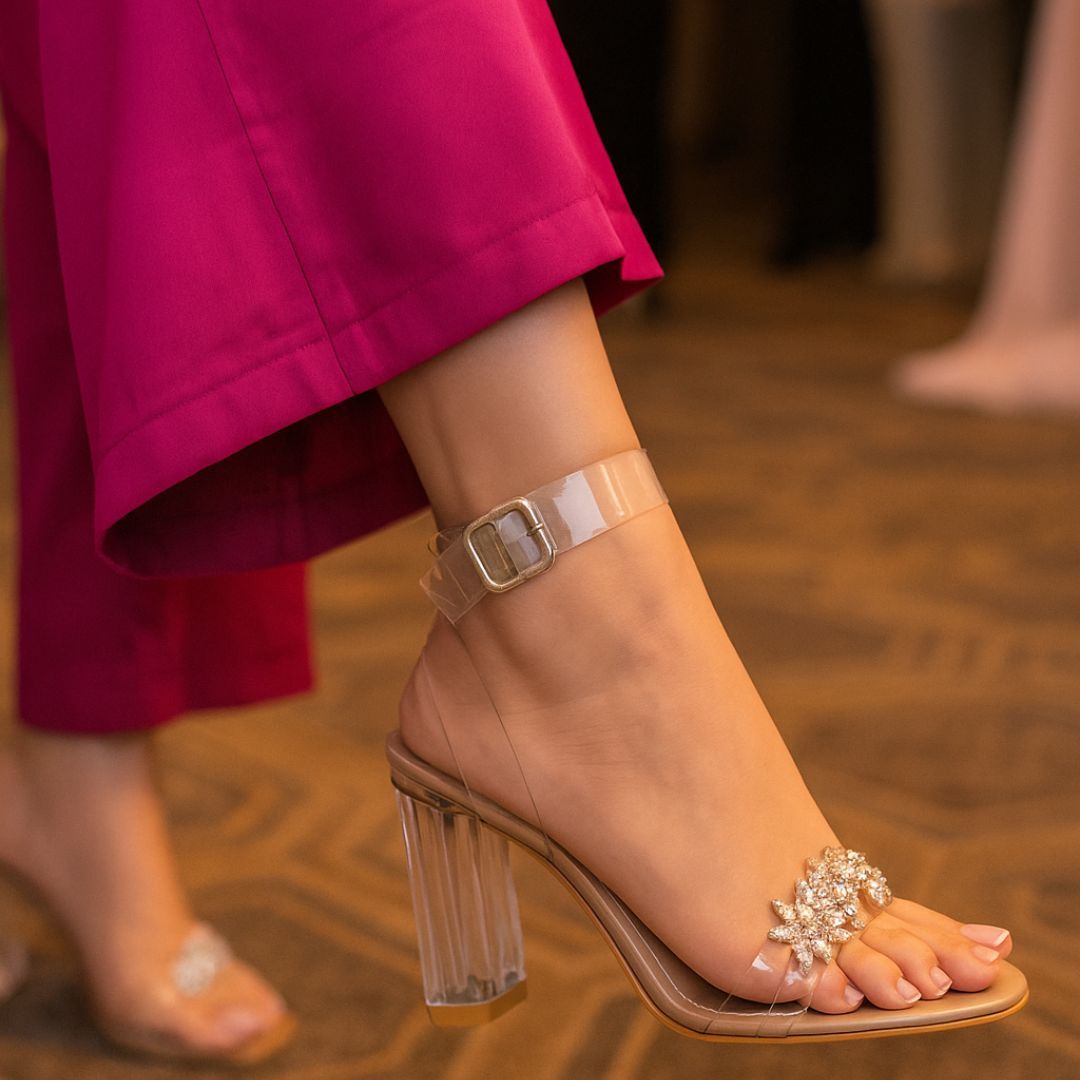 Fawn Transparent Block Heels with Silver Rhinestone Detailing &amp; Adjustable Buckle Strap – 3 Inch Heel