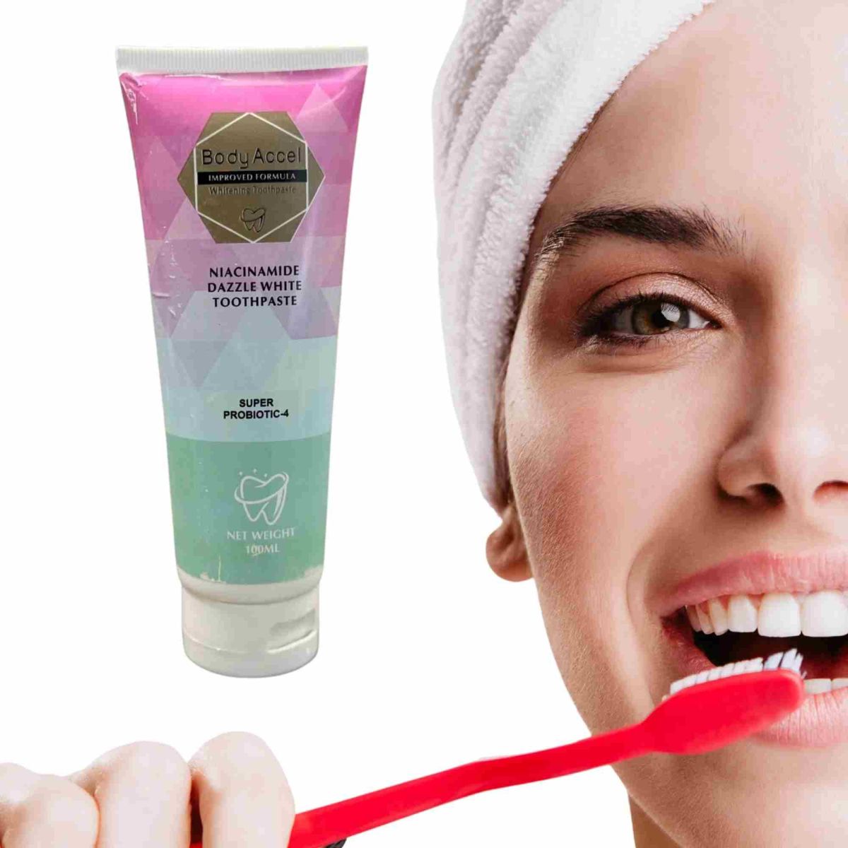 Body Accel Niacinamide Whitening Toothpaste 100ml – Advanced Stain Removal with Probiotics for Bright Smile & Fresh Breath View Gallery - Pakistan