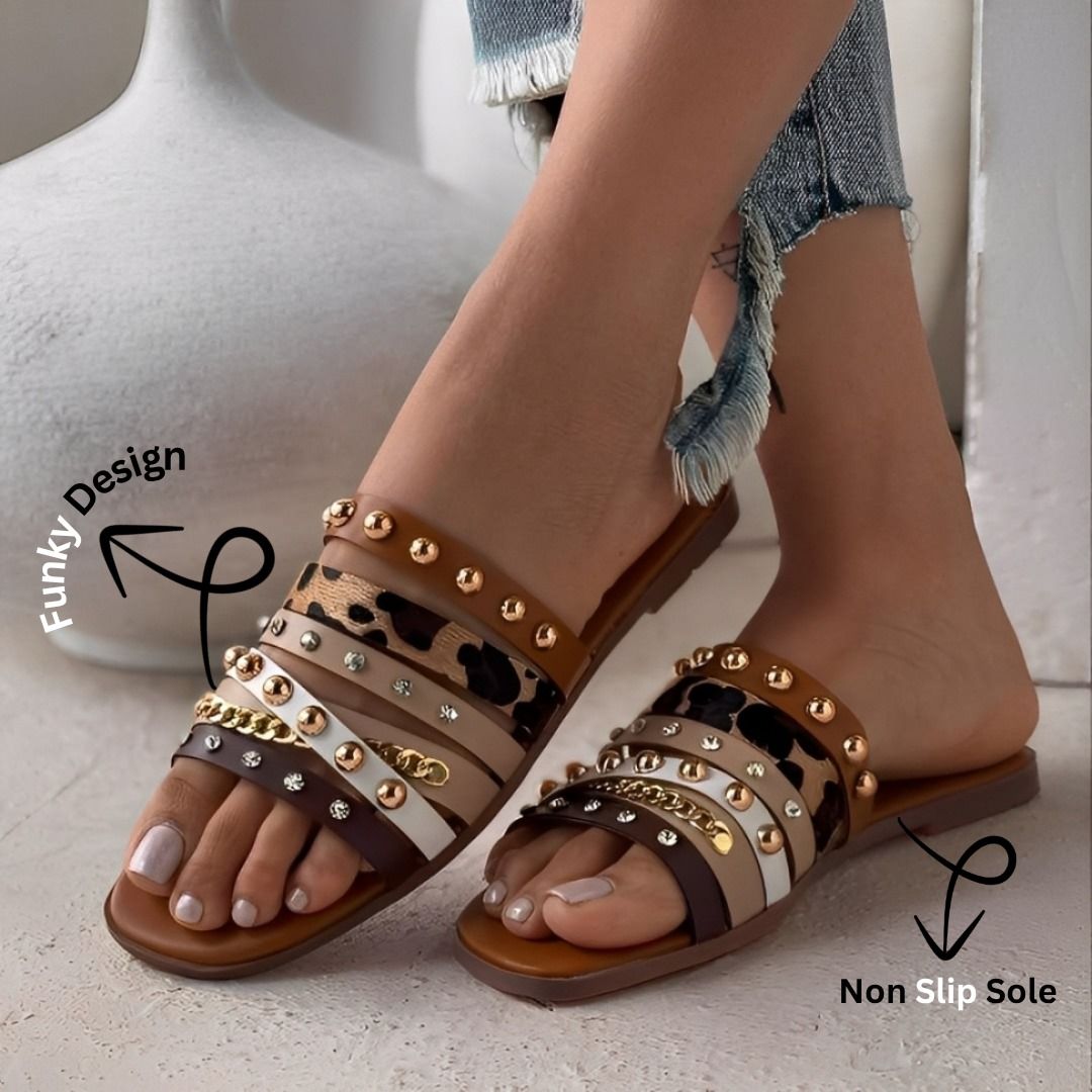 Trendy Style Women’s Slippers – Brown Multi Strap Flat Sandals With Studs & Stones | Comfortable Daily Wear Slides View Gallery - Pakistan
