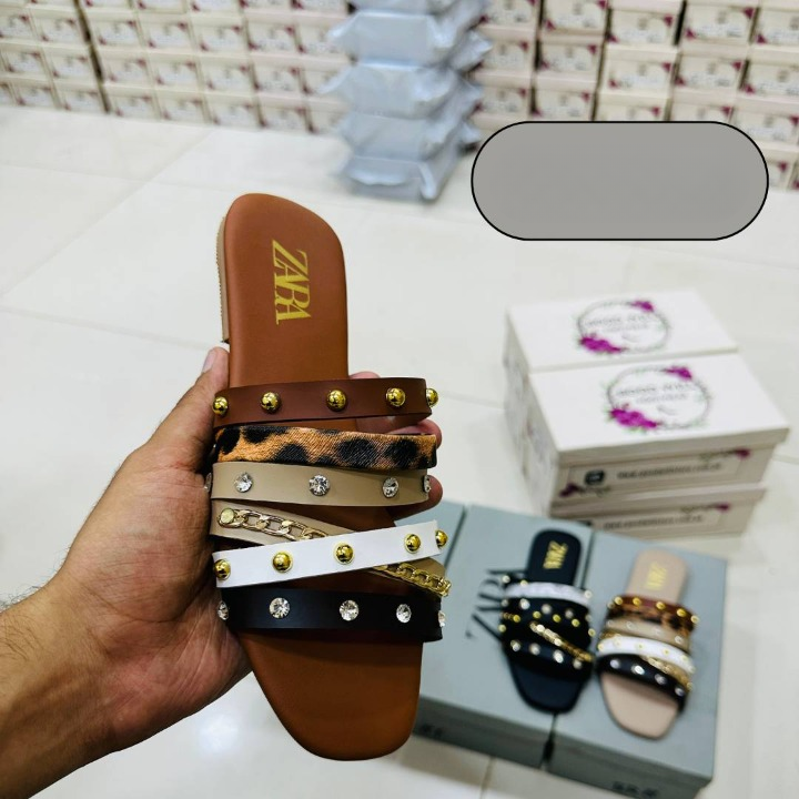 Trendy Style Women’s Slippers – Brown Multi Strap Flat Sandals With Studs & Stones | Comfortable Daily Wear Slides View Gallery - Pakistan