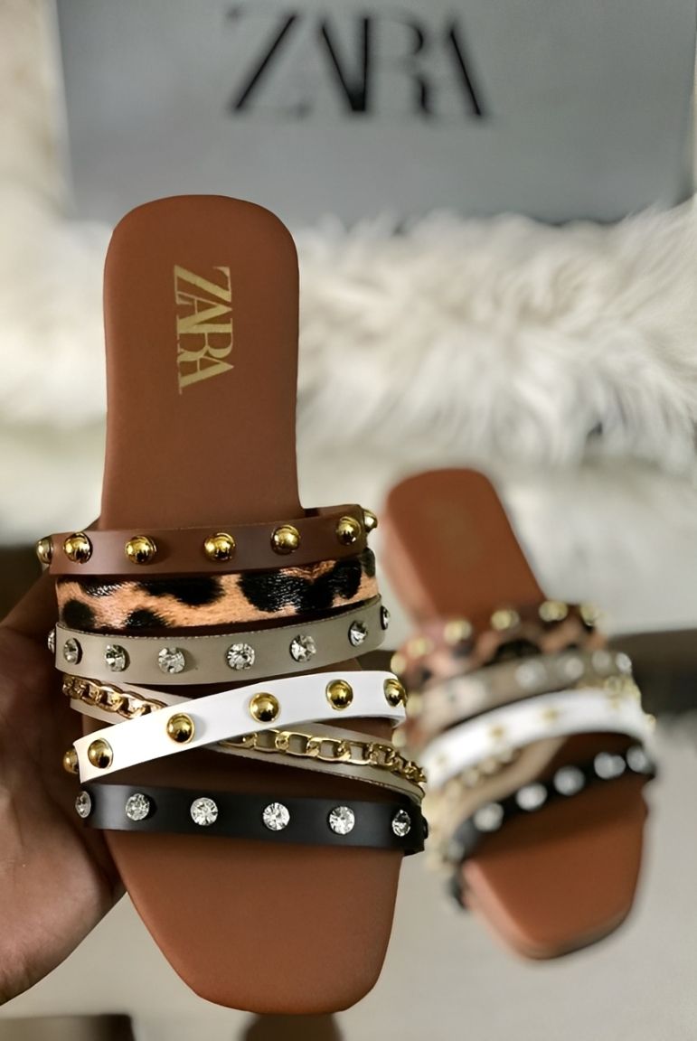 Trendy Style Women’s Slippers – Brown Multi Strap Flat Sandals With Studs & Stones | Comfortable Daily Wear Slides View Gallery - Pakistan
