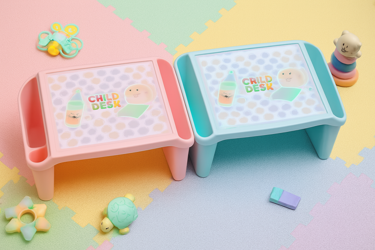 Kids Portable Study Table – Multifunctional Plastic Desk with Side Storage (56x40x30 cm) (Random Color) View Gallery - Pakistan