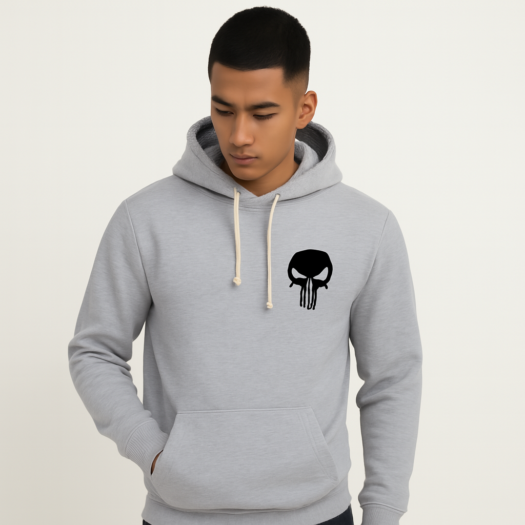 Printed Grey Hoodie for Teens & Adults – Black Skull Graphic, Premium Fabric View Gallery - Pakistan