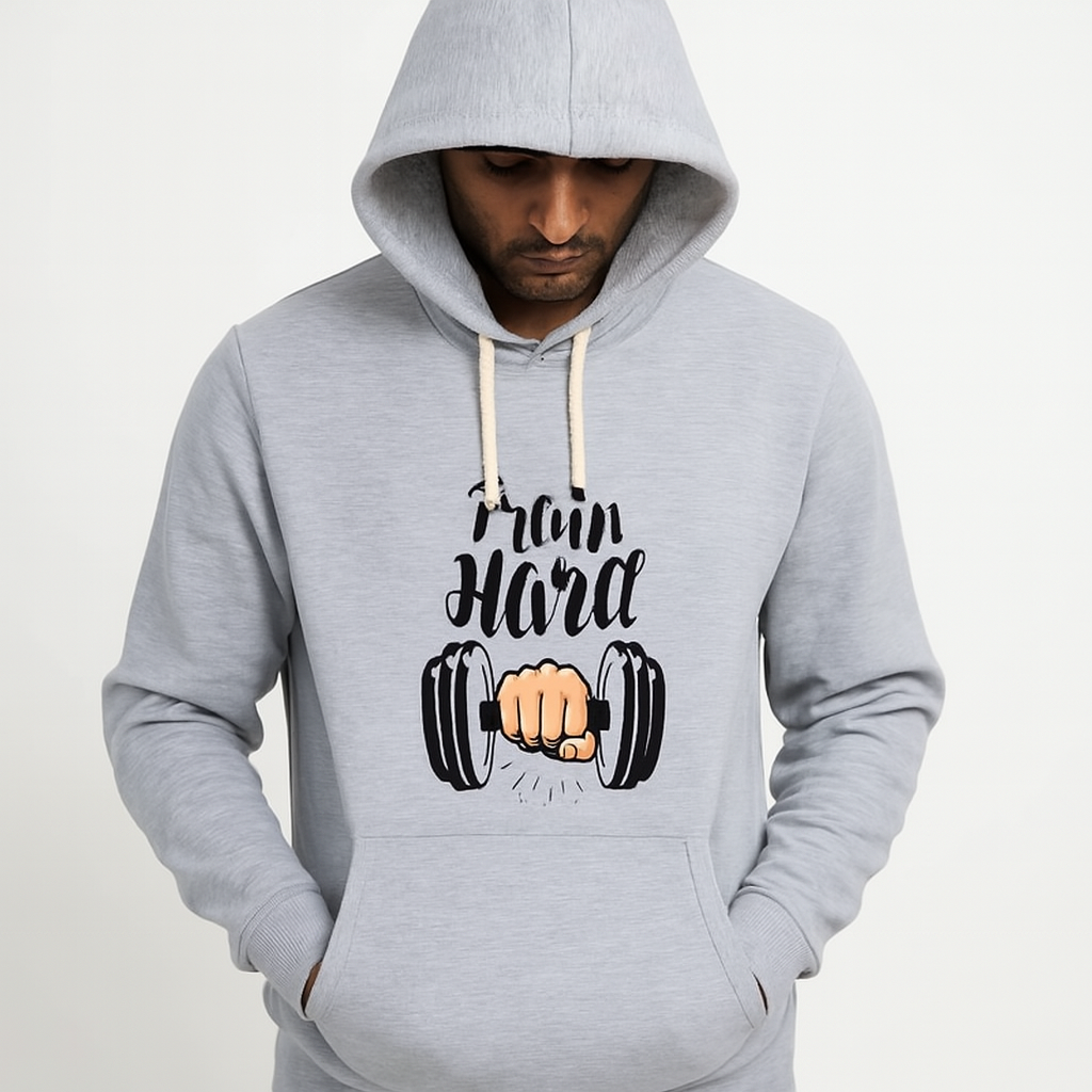 Train Hard Grey Hoodie for Men & Boys – Premium Summer Collection View Gallery - Pakistan