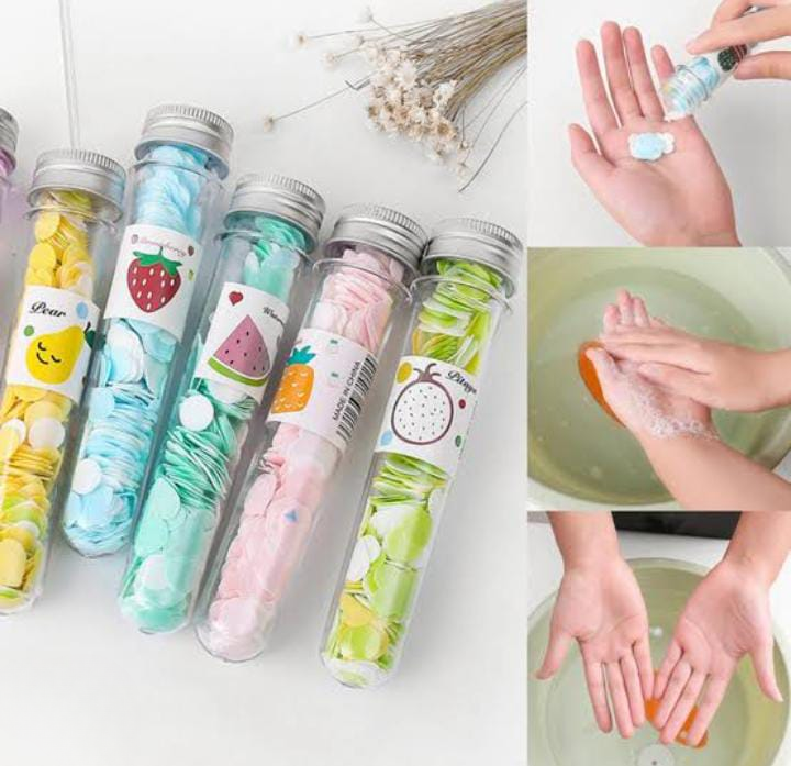 100 PCS Disposable Flower Paper Soap With Portable Tube Bottle – Multi-Color Travel Soap Sheets For Hand Washing, Camping, And Outdoor Use ( Random Color ) View Gallery - Pakistan