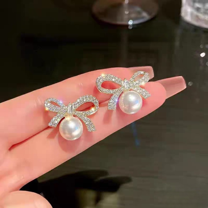 Bow Knot Pearl Earrings with Zircon – Korean Style (PJX-113) View Gallery - Pakistan