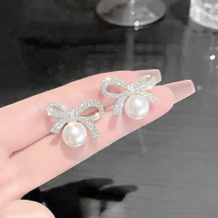 Bow Knot Pearl Earrings with Zircon – Korean Style (PJX-113) View Gallery - Pakistan
