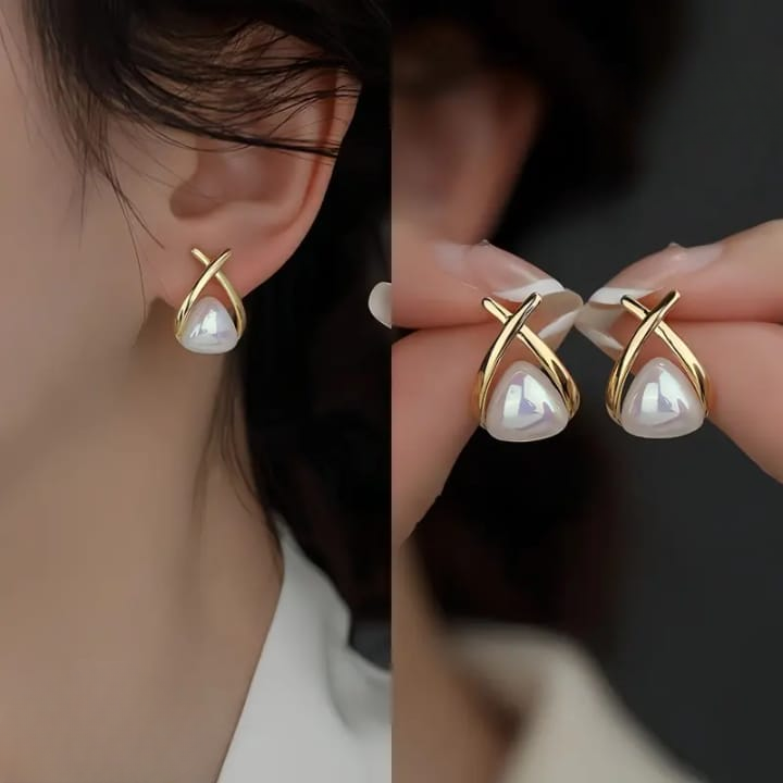 Trendy Korean Cross Pearl Earrings – Sculpted Design (AVT-114) View Gallery - Pakistan