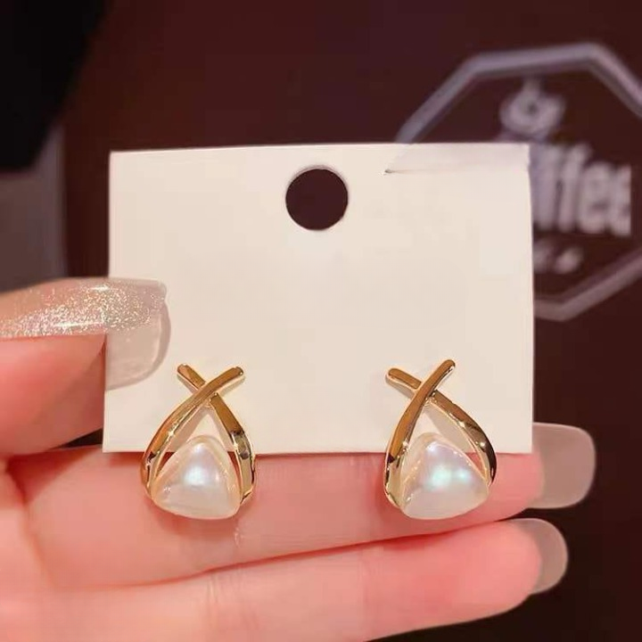 Trendy Korean Cross Pearl Earrings – Sculpted Design (AVT-114) View Gallery - Pakistan