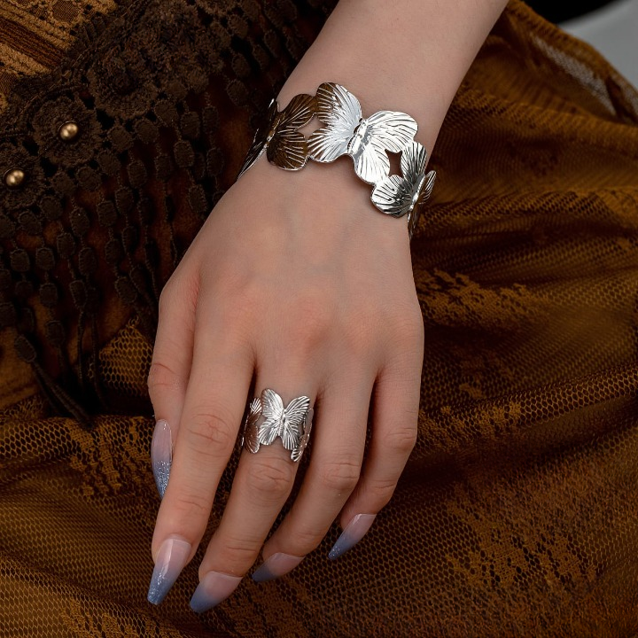 Stylish Alloy Hand Cuff Ring Set – Adjustable Fashion Jewelry for Women in Silver & Golden (SKU: QST-166) View Gallery - Pakistan