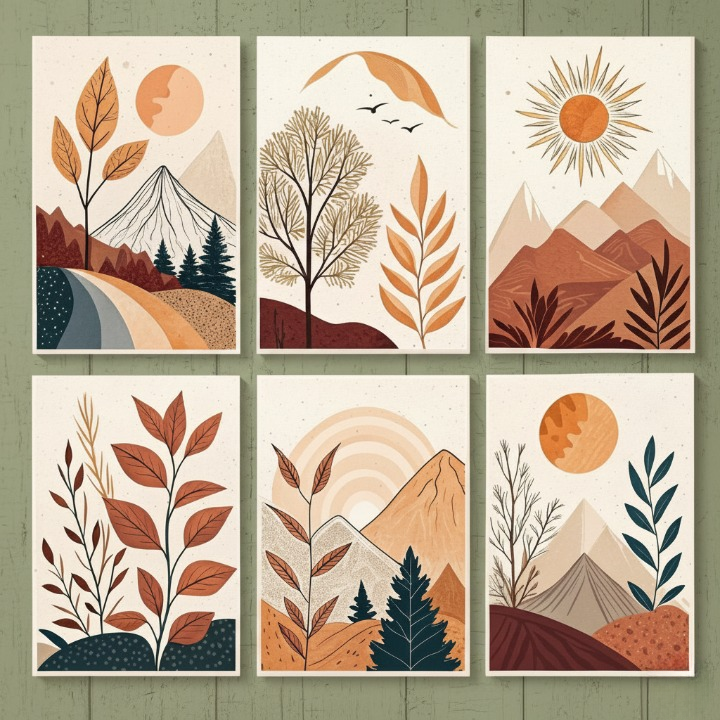 Hills Moon Sun Leaves Wooden Wall Art – 6 Piece Decorative Frame Set Made With Wooden Stickytile, Size 8x11 Inches Each, Easy To Mount With Double Tape View Gallery - Pakistan