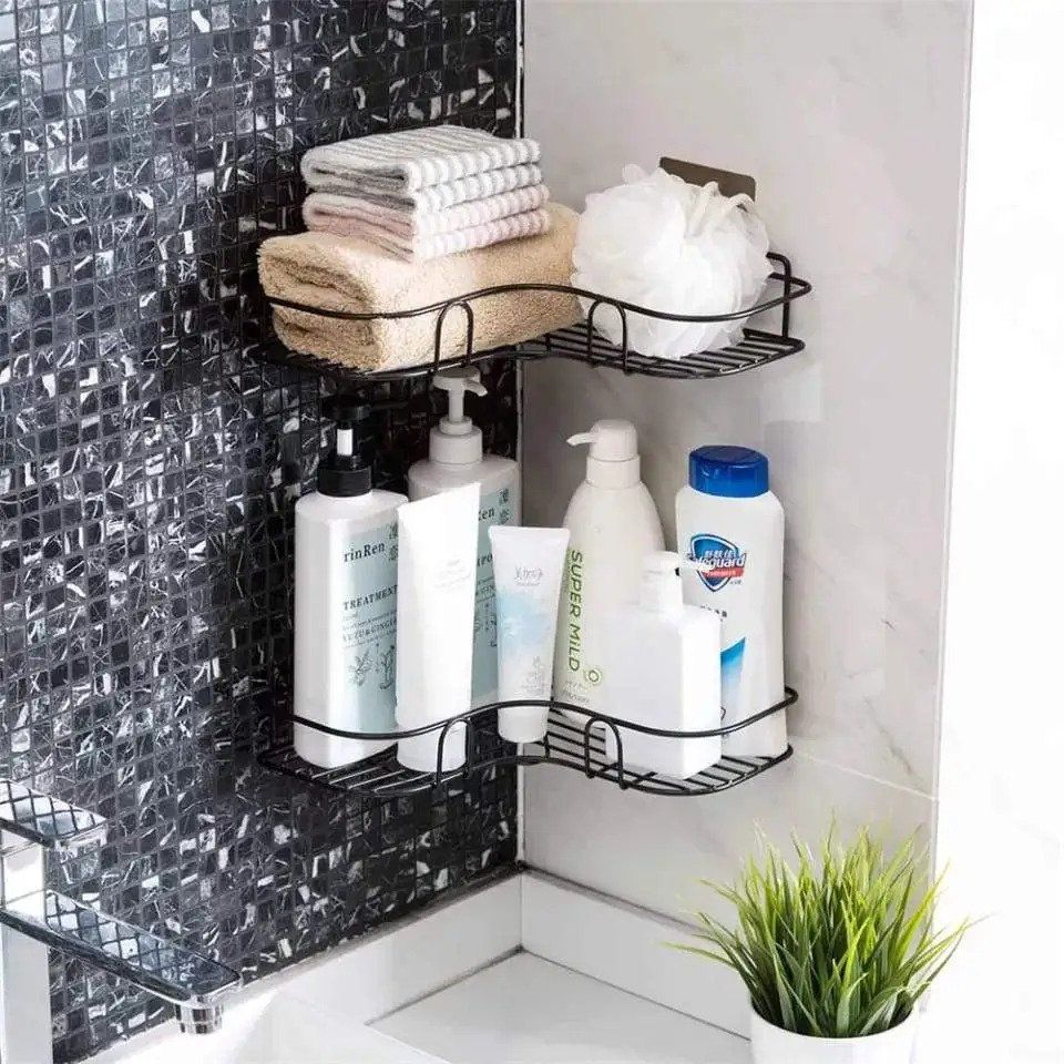 Metal Corner Rack For Bathroom &amp; Kitchen | Bathroom Metal Shelf Organizer | Storage Rack Corner Frame Shampoo Storage Holder | Wall Mount Bathroom Accessories (With Hook) View Gallery - Pakistan
