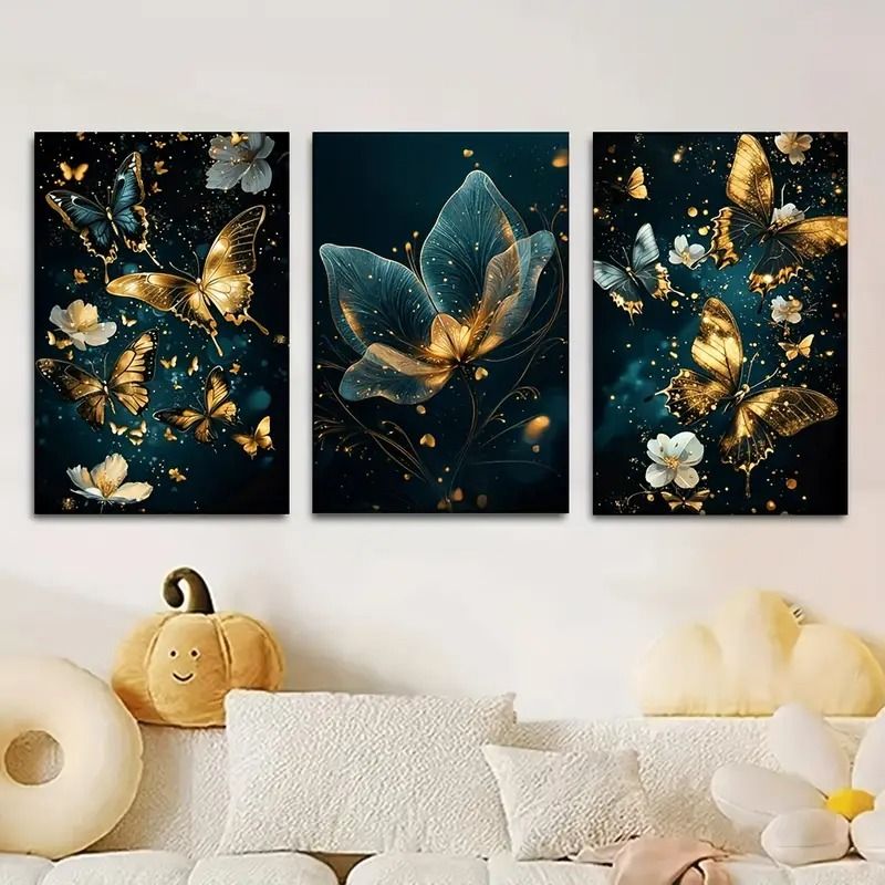 3 Pcs Butterfly Wall Art Frame Set – Elegant Golden Butterfly And Floral Design With Wooden Sticky Tile – 8x11 Inches With Double Tape View Gallery - Pakistan