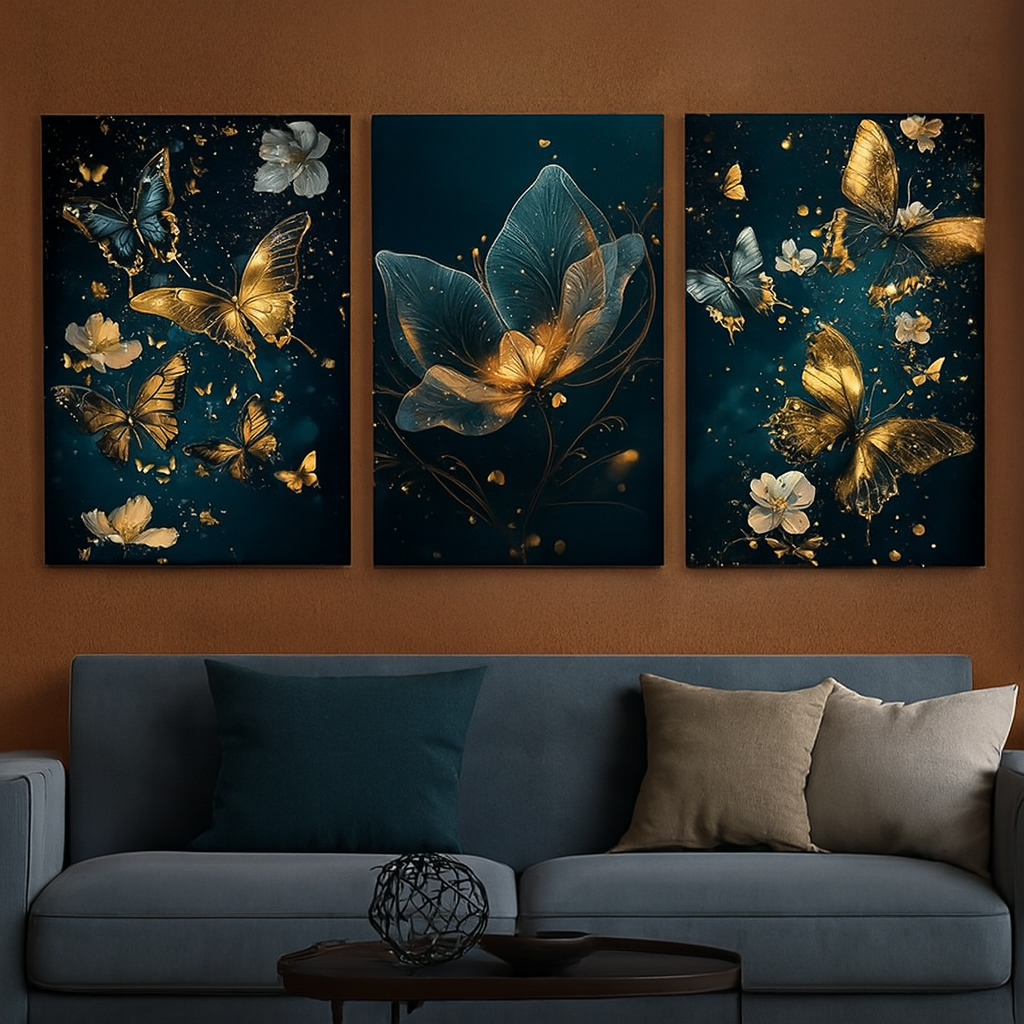 3 Pcs Butterfly Wall Art Frame Set – Elegant Golden Butterfly And Floral Design With Wooden Sticky Tile – 8x11 Inches With Double Tape View Gallery - Pakistan